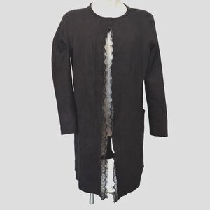 Joan Vass Faux Suede Lace Trim Jacket M Lagenlook Boho Chic Soft Goth Dark Twee